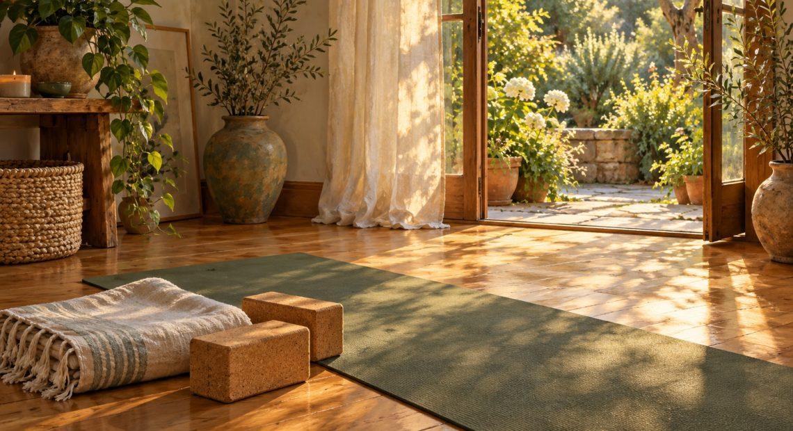 A sage yoga mat, folded blanket, and cork blocks beside an open garden door in warm afternoon light.