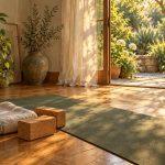 A sage yoga mat, folded blanket, and cork blocks beside an open garden door in warm afternoon light.