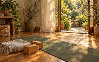 A sage yoga mat, folded blanket, and cork blocks beside an open garden door in warm afternoon light.