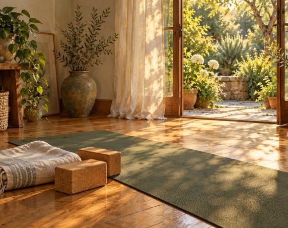 A sage yoga mat, folded blanket, and cork blocks beside an open garden door in warm afternoon light.