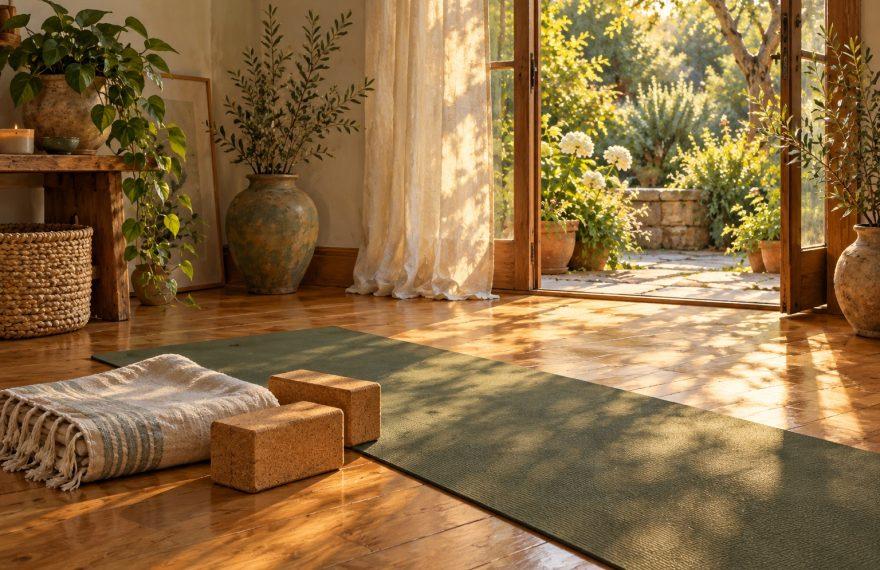 A sage yoga mat, folded blanket, and cork blocks beside an open garden door in warm afternoon light.