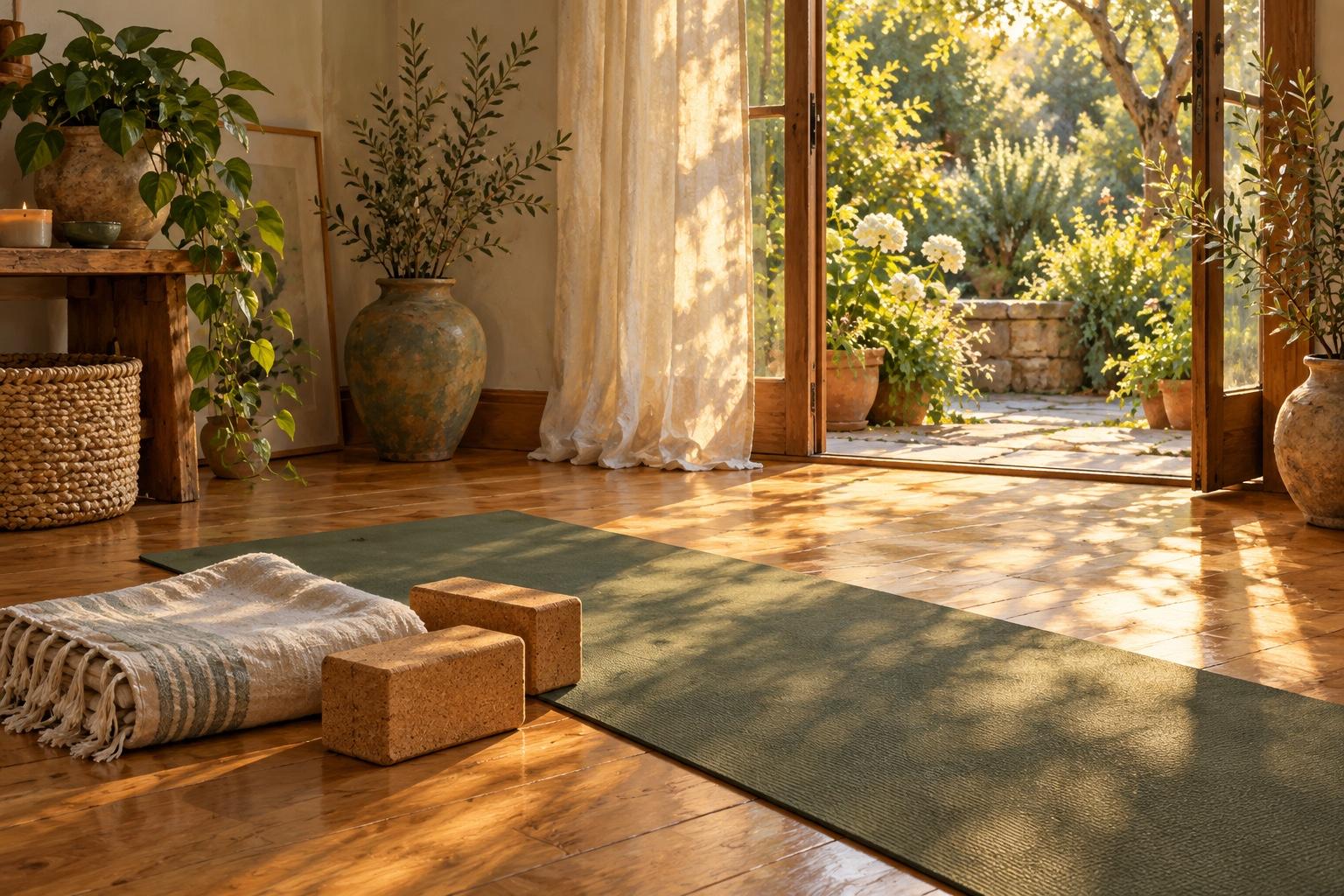 A sage yoga mat, folded blanket, and cork blocks beside an open garden door in warm afternoon light.