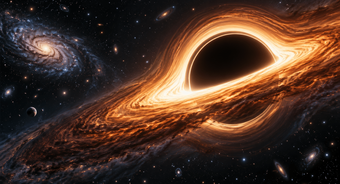 Interpretive illustration of a supermassive black hole with a glowing accretion disk