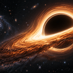 Interpretive illustration of a supermassive black hole with a glowing accretion disk
