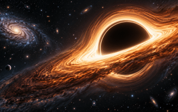 Interpretive illustration of a supermassive black hole with a glowing accretion disk
