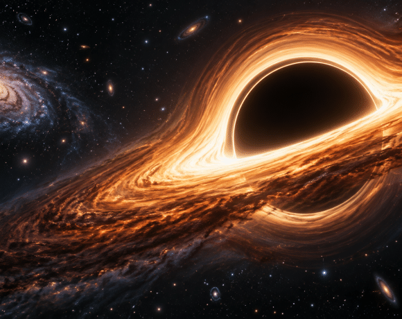 Interpretive illustration of a supermassive black hole with a glowing accretion disk
