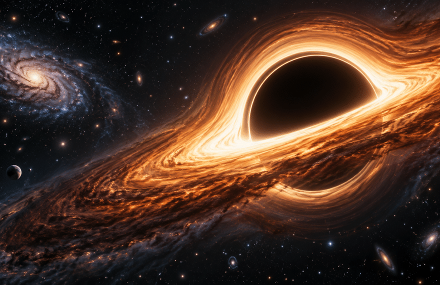 Interpretive illustration of a supermassive black hole with a glowing accretion disk