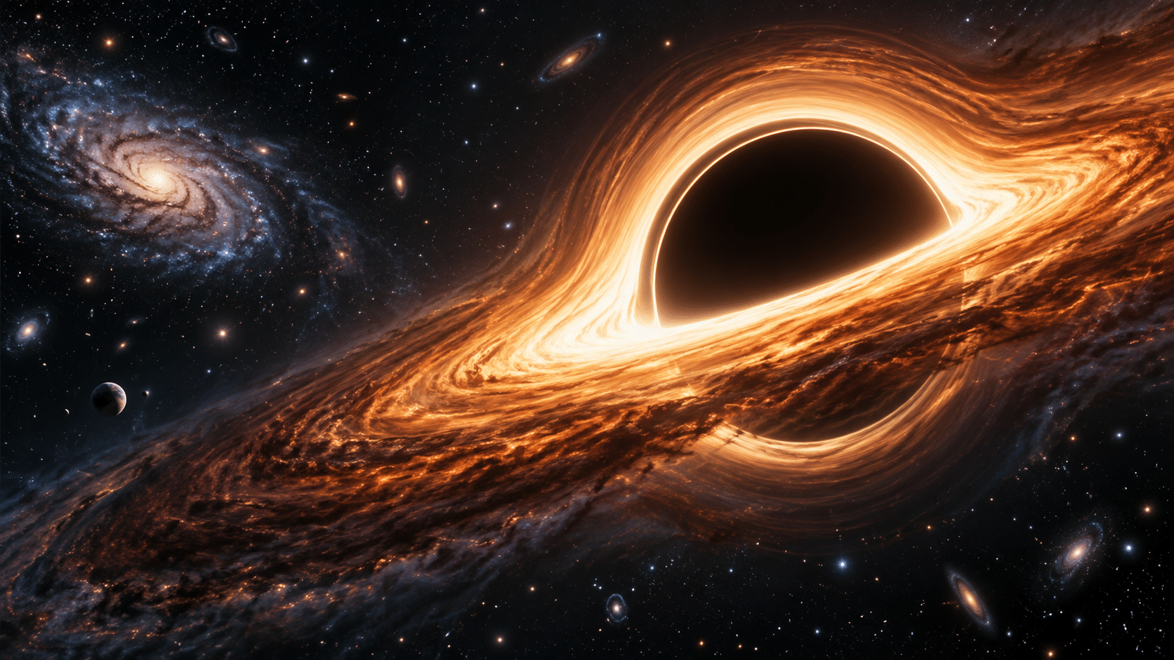 Interpretive illustration of a supermassive black hole with a glowing accretion disk