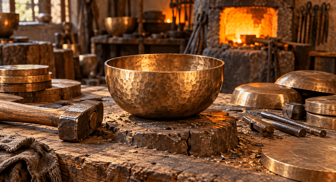 Conceptual bronze singing bowl, hammer and metal blanks on a warm workshop bench