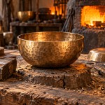 Conceptual bronze singing bowl, hammer and metal blanks on a warm workshop bench