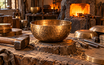 Conceptual bronze singing bowl, hammer and metal blanks on a warm workshop bench