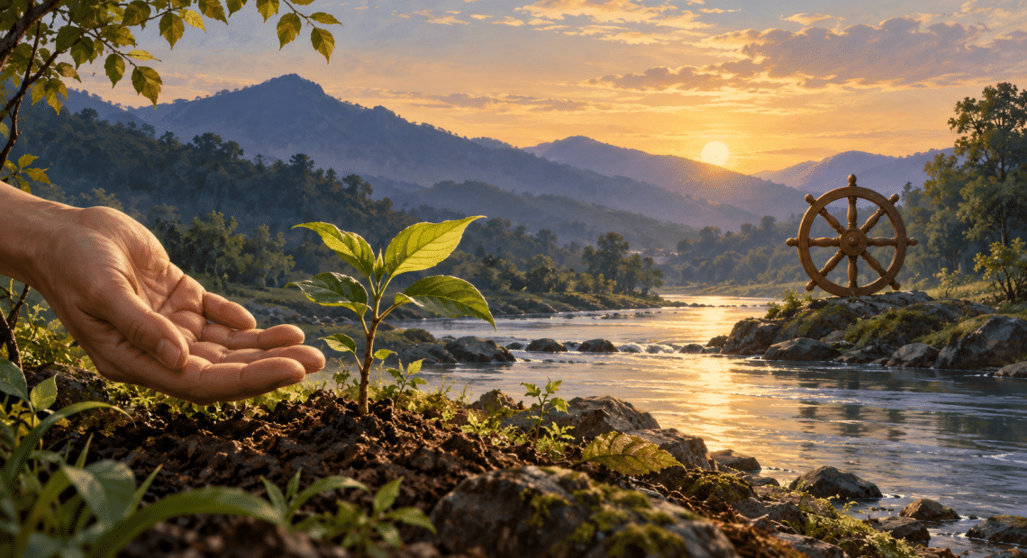 An open hand beside a sapling on a sunlit riverbank, with an eight-spoked wooden wheel across the water.
