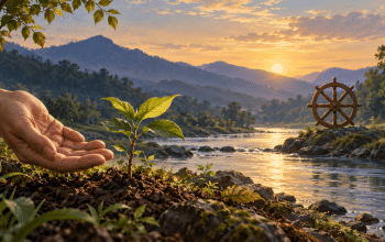 An open hand beside a sapling on a sunlit riverbank, with an eight-spoked wooden wheel across the water.