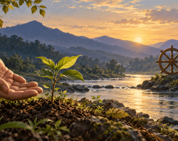 An open hand beside a sapling on a sunlit riverbank, with an eight-spoked wooden wheel across the water.