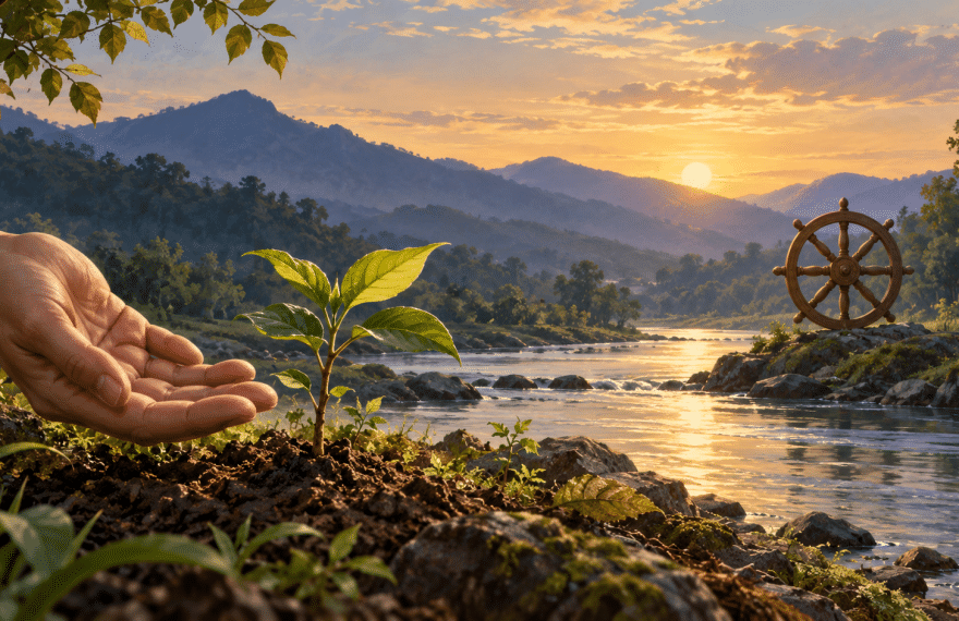An open hand beside a sapling on a sunlit riverbank, with an eight-spoked wooden wheel across the water.