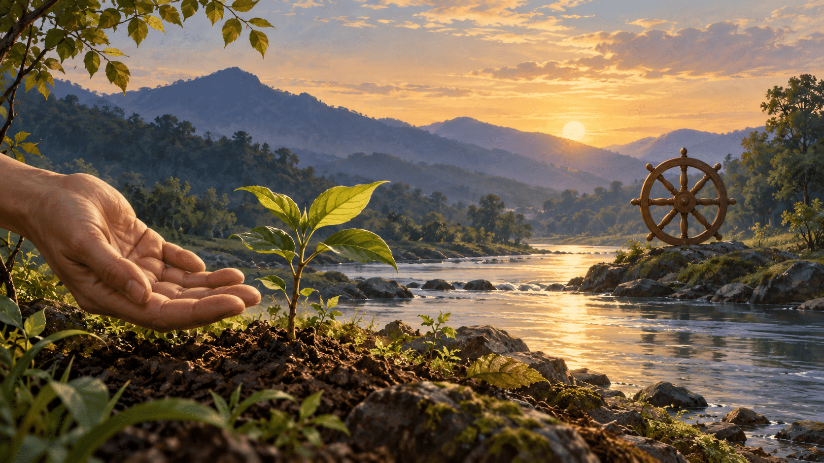 An open hand beside a sapling on a sunlit riverbank, with an eight-spoked wooden wheel across the water.