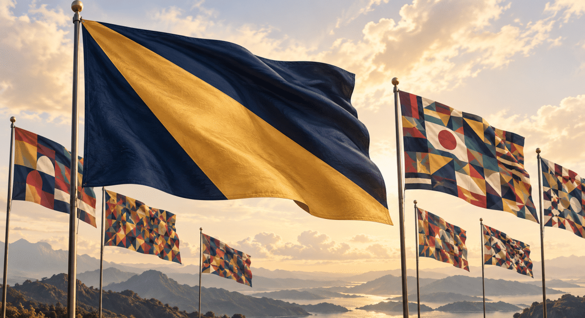 A navy flag with a bold gold diagonal shape waves prominently among smaller flags filled with intricate geometric patterns.