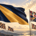A navy flag with a bold gold diagonal shape waves prominently among smaller flags filled with intricate geometric patterns.