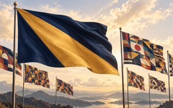 A navy flag with a bold gold diagonal shape waves prominently among smaller flags filled with intricate geometric patterns.