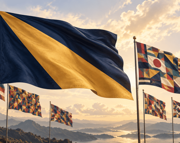A navy flag with a bold gold diagonal shape waves prominently among smaller flags filled with intricate geometric patterns.