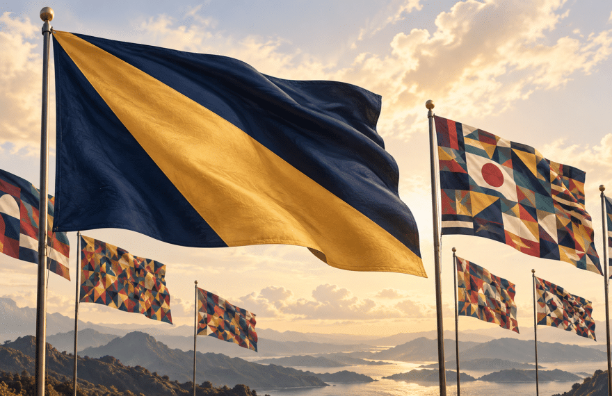 A navy flag with a bold gold diagonal shape waves prominently among smaller flags filled with intricate geometric patterns.