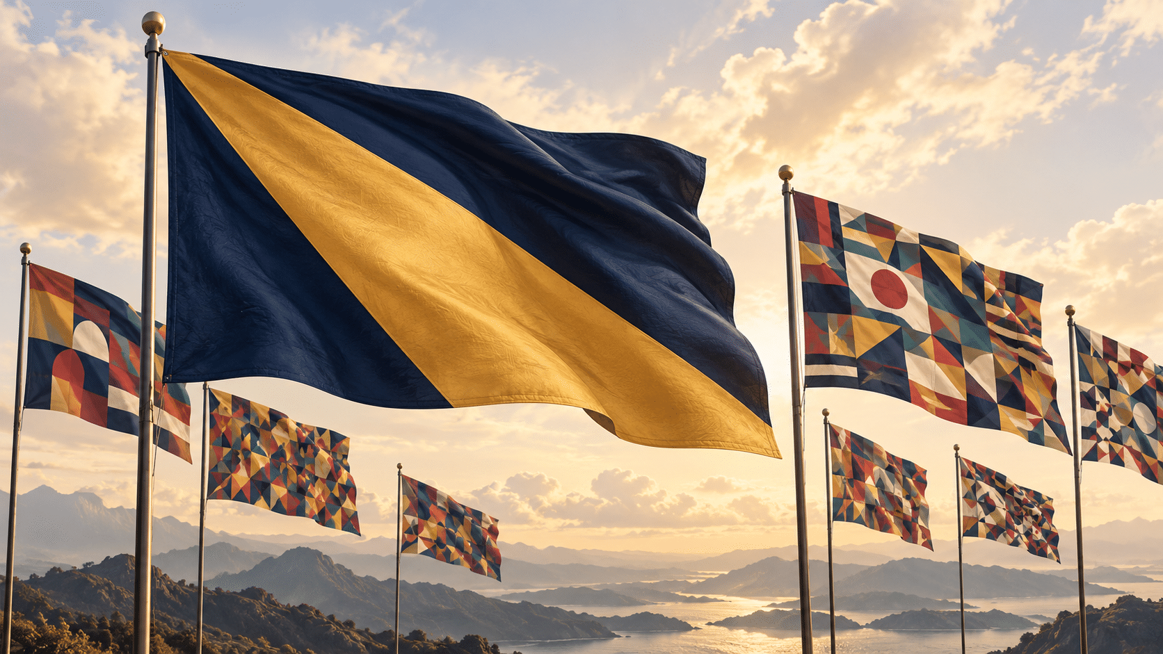 A navy flag with a bold gold diagonal shape waves prominently among smaller flags filled with intricate geometric patterns.