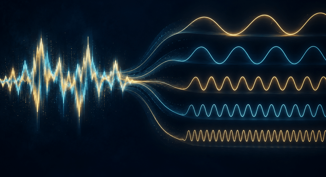 A complex glowing sound waveform separates into five gold and cyan waves with different wavelengths against a dark blue background.