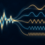 A complex glowing sound waveform separates into five gold and cyan waves with different wavelengths against a dark blue background.