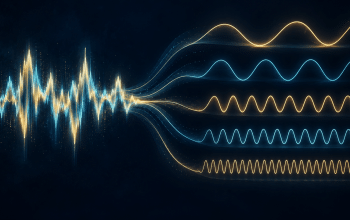 A complex glowing sound waveform separates into five gold and cyan waves with different wavelengths against a dark blue background.