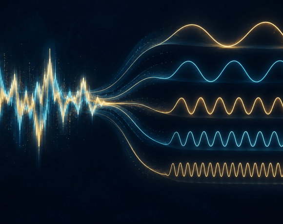A complex glowing sound waveform separates into five gold and cyan waves with different wavelengths against a dark blue background.