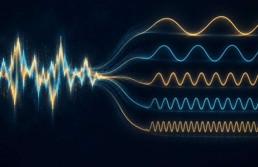 A complex glowing sound waveform separates into five gold and cyan waves with different wavelengths against a dark blue background.