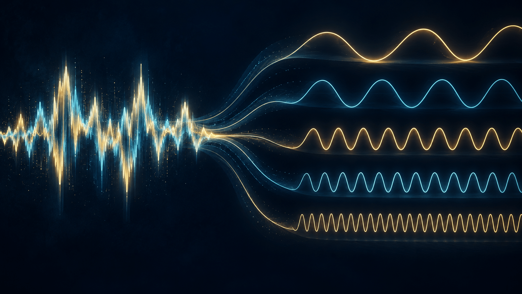 A complex glowing sound waveform separates into five gold and cyan waves with different wavelengths against a dark blue background.