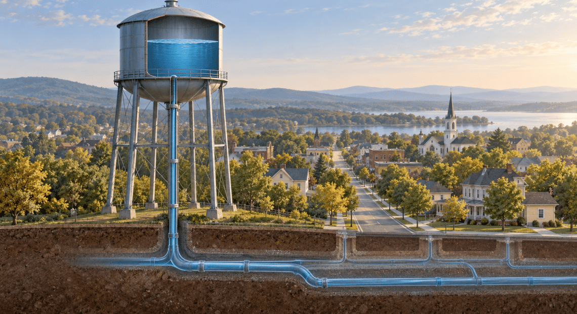Cutaway illustration of an elevated water tank connected by a vertical pipe to underground water mains beneath a small town.