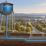Cutaway illustration of an elevated water tank connected by a vertical pipe to underground water mains beneath a small town.