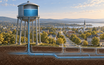 Cutaway illustration of an elevated water tank connected by a vertical pipe to underground water mains beneath a small town.