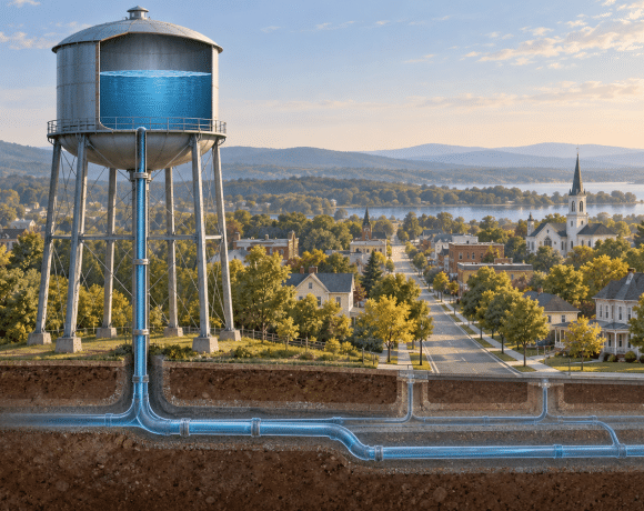 Cutaway illustration of an elevated water tank connected by a vertical pipe to underground water mains beneath a small town.