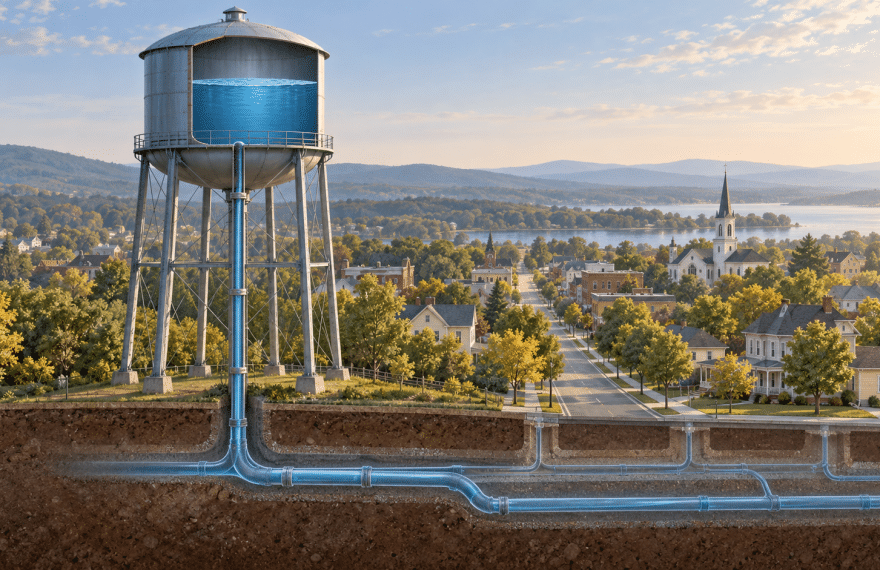 Cutaway illustration of an elevated water tank connected by a vertical pipe to underground water mains beneath a small town.