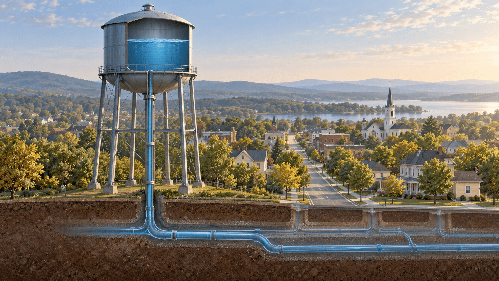 Cutaway illustration of an elevated water tank connected by a vertical pipe to underground water mains beneath a small town.