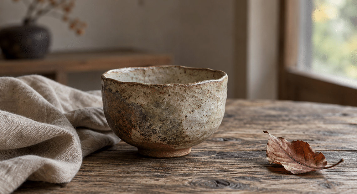 An irregular ceramic tea bowl beside rumpled linen and a fallen autumn leaf on a weathered wooden table in soft window light