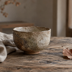An irregular ceramic tea bowl beside rumpled linen and a fallen autumn leaf on a weathered wooden table in soft window light