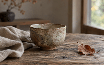 An irregular ceramic tea bowl beside rumpled linen and a fallen autumn leaf on a weathered wooden table in soft window light