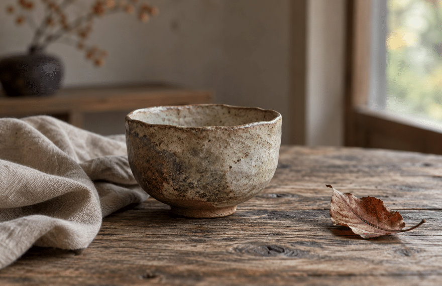 An irregular ceramic tea bowl beside rumpled linen and a fallen autumn leaf on a weathered wooden table in soft window light