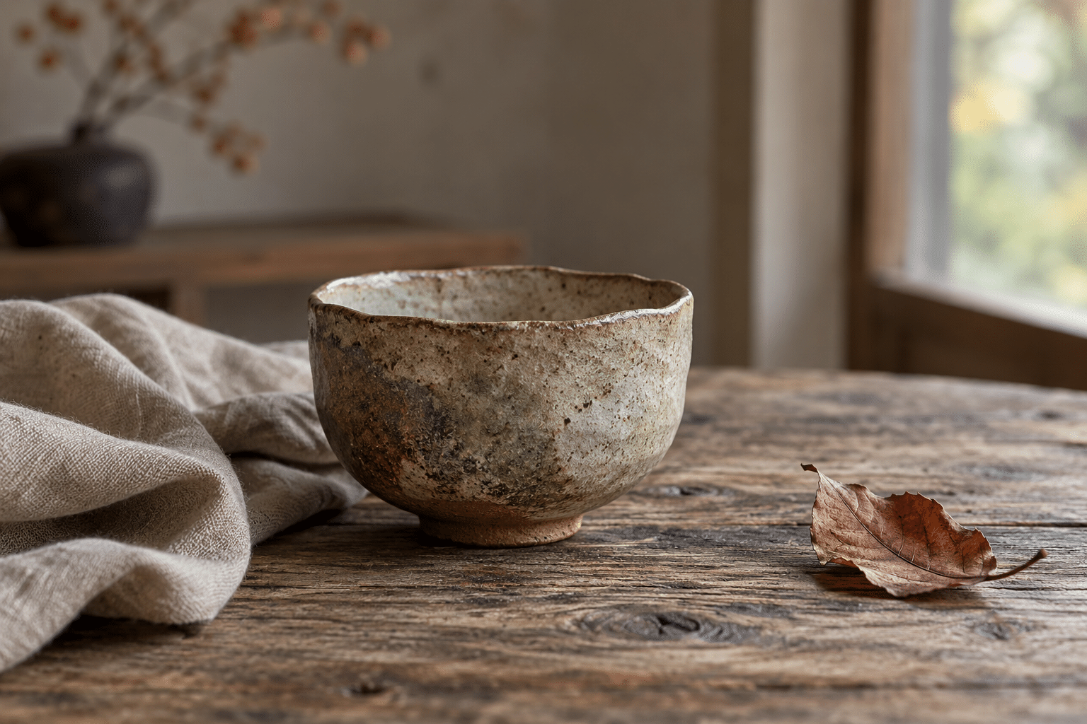 An irregular ceramic tea bowl beside rumpled linen and a fallen autumn leaf on a weathered wooden table in soft window light