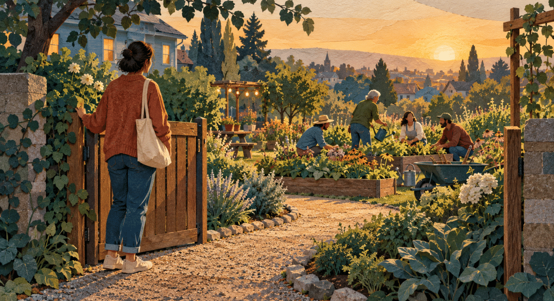 An adult pauses at an open garden gate while a small group tends plants together in warm evening light.