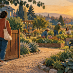 An adult pauses at an open garden gate while a small group tends plants together in warm evening light.