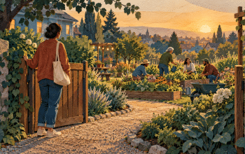 An adult pauses at an open garden gate while a small group tends plants together in warm evening light.
