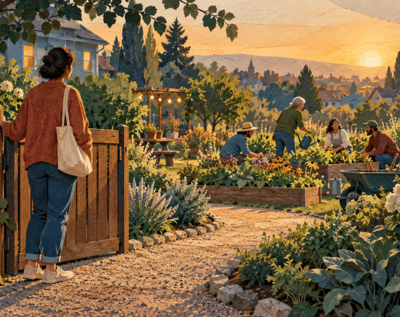 An adult pauses at an open garden gate while a small group tends plants together in warm evening light.
