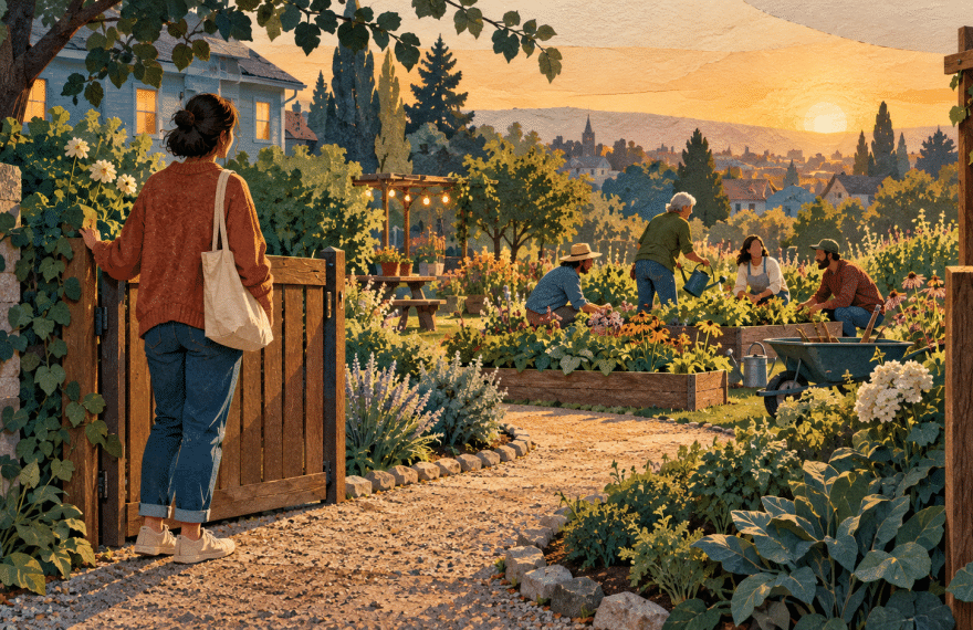 An adult pauses at an open garden gate while a small group tends plants together in warm evening light.