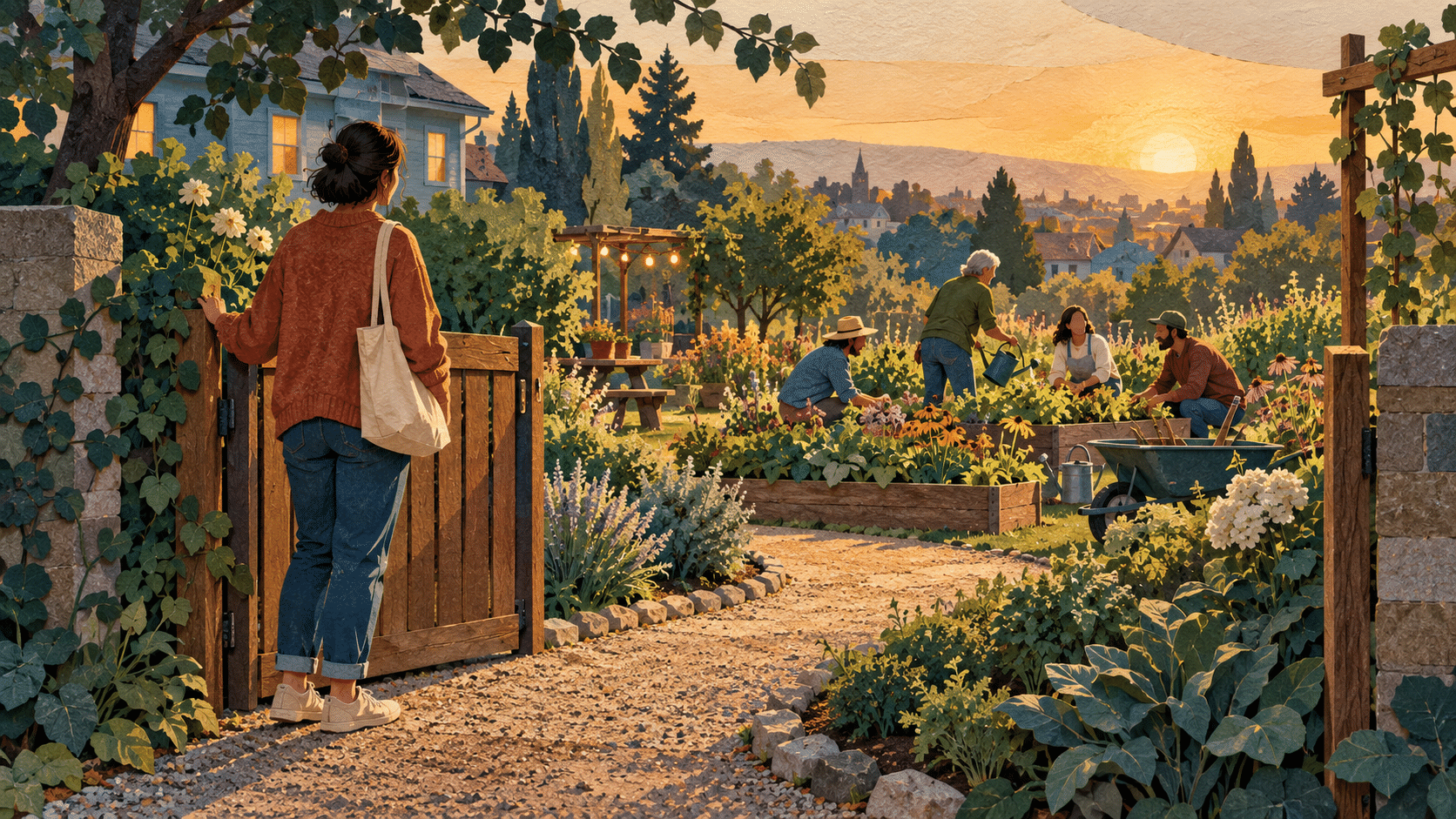 An adult pauses at an open garden gate while a small group tends plants together in warm evening light.