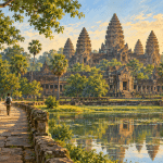An imagined view of Angkor-inspired temple towers reflected in water, with an adult visitor walking along a tree-lined stone path.